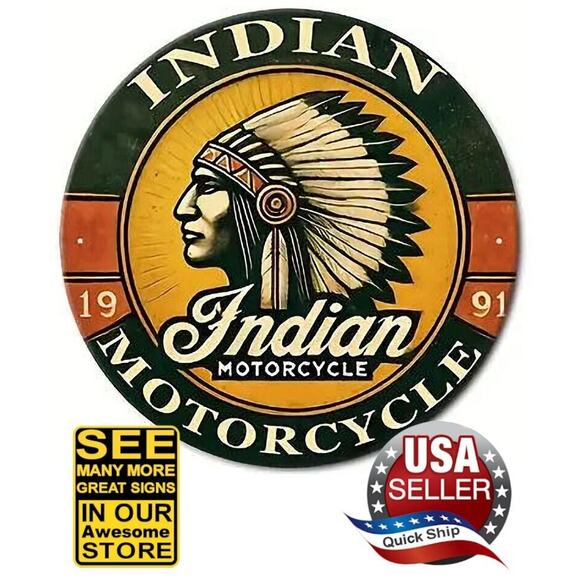 Vintage Indian Motorcycle Metal Tin Sign • Native American In Full Headdress - Picture 1 of 5